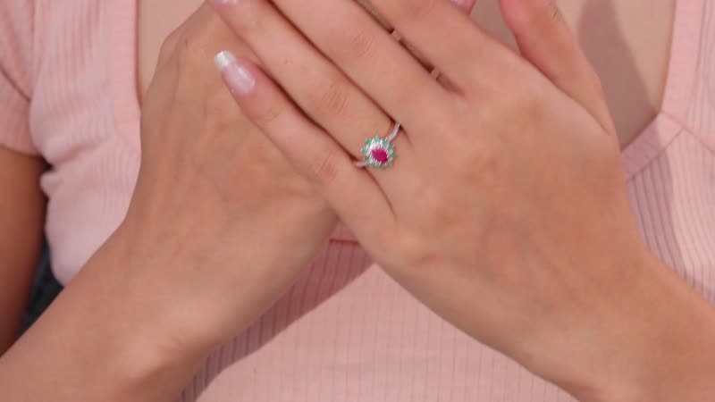 Montepuez Ruby, Emerald and White Zircon Sunburst Ring in Vermeil Rose Gold Over Sterling Silver (Size 10.0) 1.00 ctw
