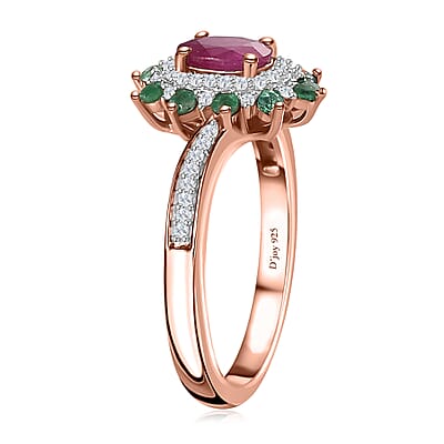 Montepuez Ruby, Emerald and White Zircon Sunburst Ring in Vermeil Rose Gold Over Sterling Silver (Size 10.0) 1.00 ctw