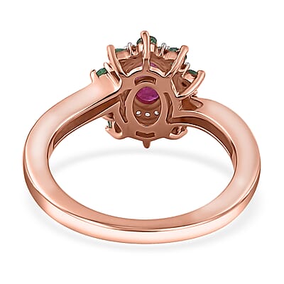 Montepuez Ruby, Emerald and White Zircon Sunburst Ring in Vermeil Rose Gold Over Sterling Silver (Size 10.0) 1.00 ctw