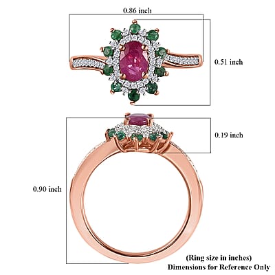 Montepuez Ruby, Emerald and White Zircon Sunburst Ring in Vermeil Rose Gold Over Sterling Silver (Size 10.0) 1.00 ctw