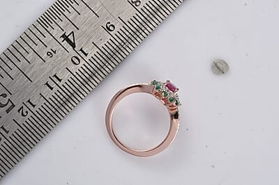 Montepuez Ruby, Emerald and White Zircon Sunburst Ring in Vermeil Rose Gold Over Sterling Silver (Size 10.0) 1.00 ctw