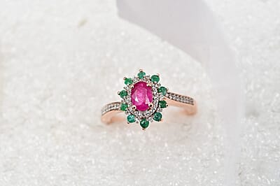 Montepuez Ruby, Emerald and White Zircon Sunburst Ring in Vermeil Rose Gold Over Sterling Silver (Size 10.0) 1.00 ctw