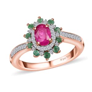 Montepuez Ruby, Emerald and White Zircon Sunburst Ring in Vermeil Rose Gold Over Sterling Silver (Size 6.0) 1.00 ctw