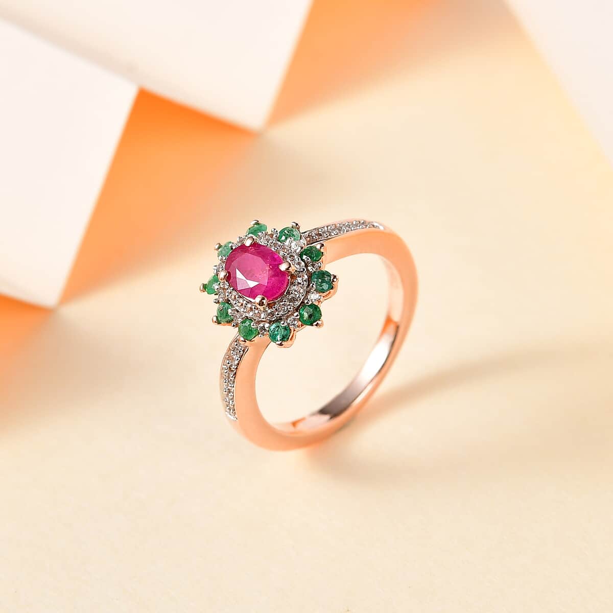 Montepuez Ruby, Emerald and White Zircon Sunburst Ring in Vermeil Rose Gold Over Sterling Silver (Size 7.0) 1.00 ctw image number 1