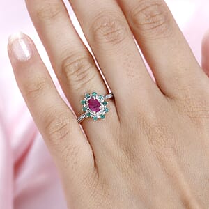 Montepuez Ruby, Emerald and White Zircon Sunburst Ring in Vermeil Rose Gold Over Sterling Silver (Size 7.0) 1.00 ctw