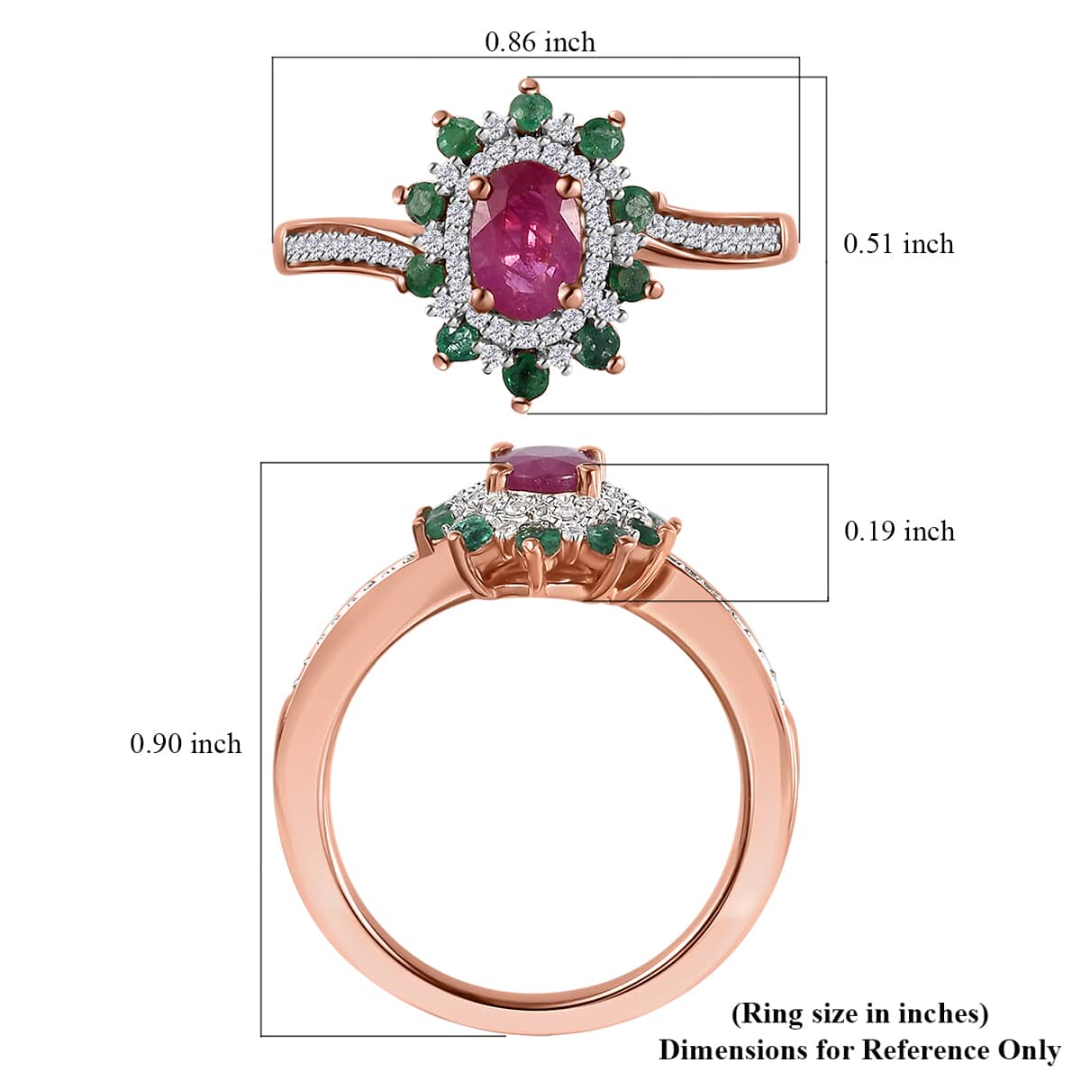 Montepuez Ruby, Emerald and White Zircon Sunburst Ring in Vermeil Rose Gold Over Sterling Silver (Size 7.0) 1.00 ctw image number 5