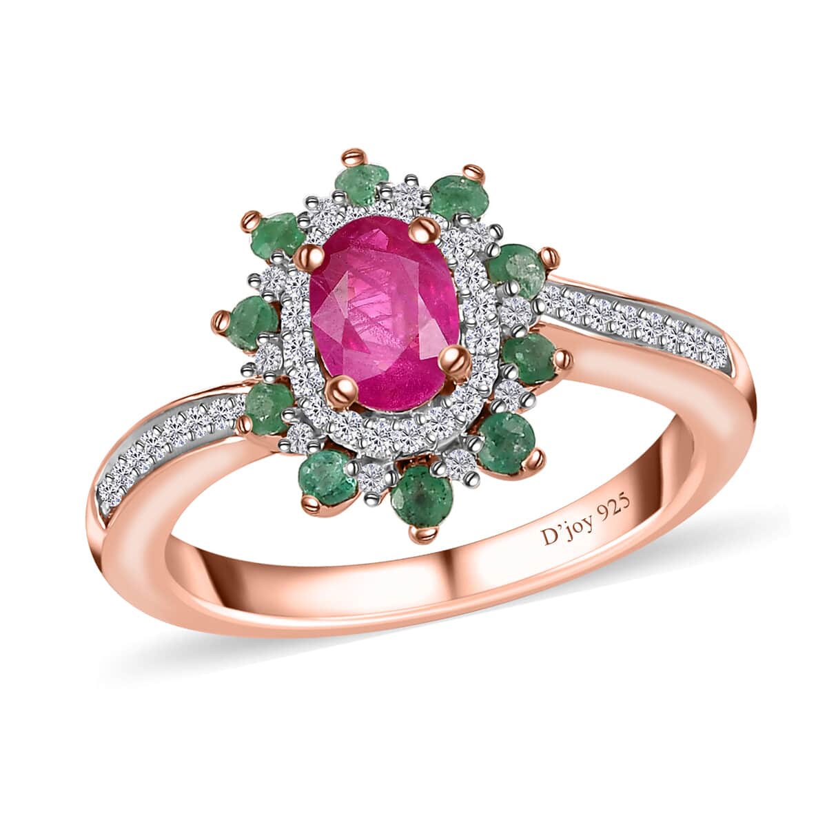 Montepuez Ruby, Emerald and White Zircon Sunburst Ring in Vermeil Rose Gold Over Sterling Silver (Size 9.0) 1.00 ctw image number 0