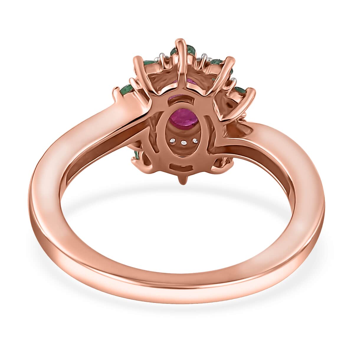 Montepuez Ruby, Emerald and White Zircon Sunburst Ring in Vermeil Rose Gold Over Sterling Silver (Size 9.0) 1.00 ctw image number 4