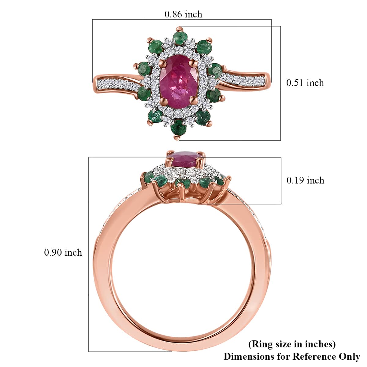 Montepuez Ruby, Emerald and White Zircon Sunburst Ring in Vermeil Rose Gold Over Sterling Silver (Size 9.0) 1.00 ctw image number 5