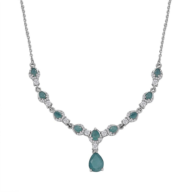 Premium Grandidierite and White Zircon Drop Necklace 18-20 Inches in Platinum Over Sterling Silver 4.50 ctw