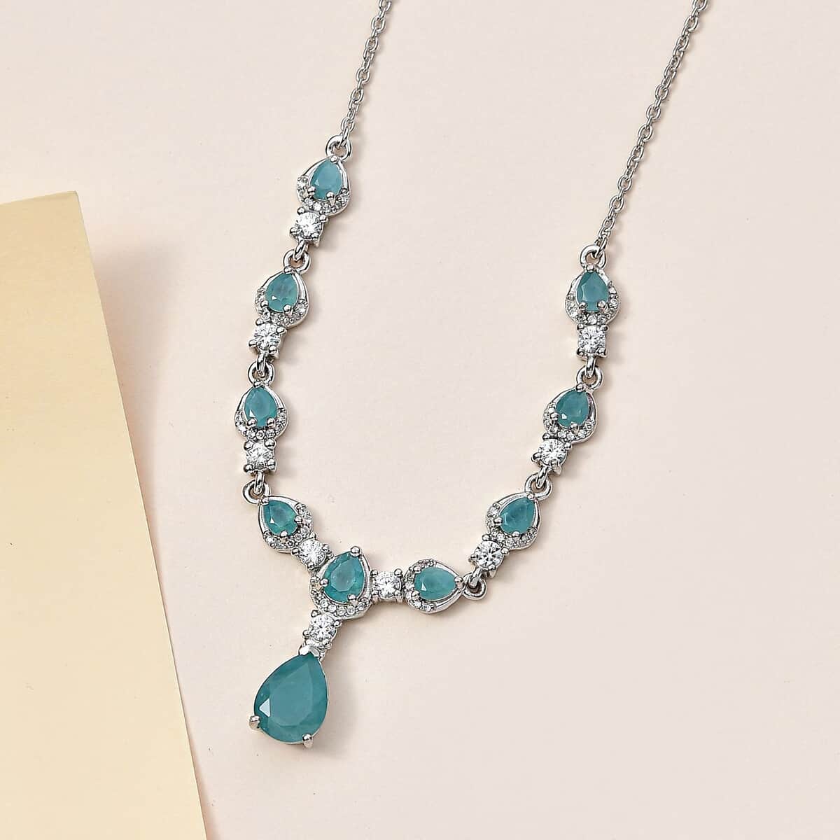 Premium Grandidierite and White Zircon Drop Necklace 18-20 Inches in Platinum Over Sterling Silver 4.50 ctw image number 1