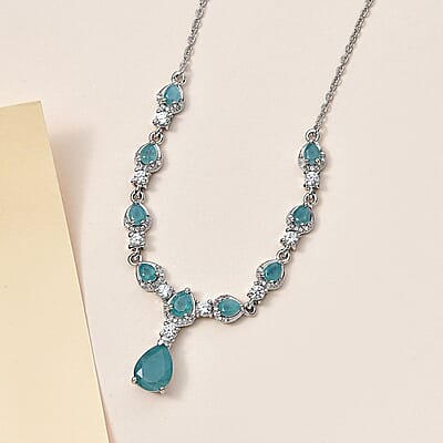 Premium Grandidierite and White Zircon Drop Necklace 18-20 Inches in Platinum Over Sterling Silver 4.50 ctw