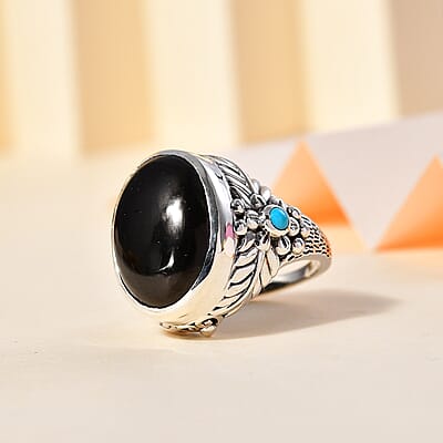 Artisan Crafted Elite Shungite and Sleeping Beauty Turquoise South West Style Feather Ring in Sterling Silver (Size 10.0) 11.40 ctw