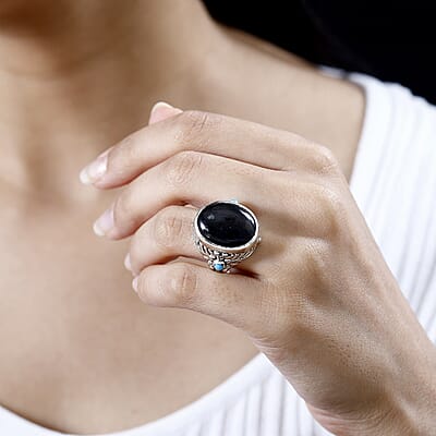 Artisan Crafted Elite Shungite and Sleeping Beauty Turquoise South West Style Feather Ring in Sterling Silver (Size 10.0) 11.40 ctw
