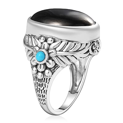 Artisan Crafted Elite Shungite and Sleeping Beauty Turquoise South West Style Feather Ring in Sterling Silver (Size 10.0) 11.40 ctw