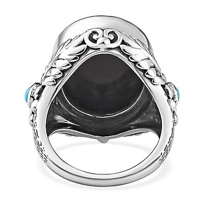 Artisan Crafted Elite Shungite and Sleeping Beauty Turquoise South West Style Feather Ring in Sterling Silver (Size 10.0) 11.40 ctw
