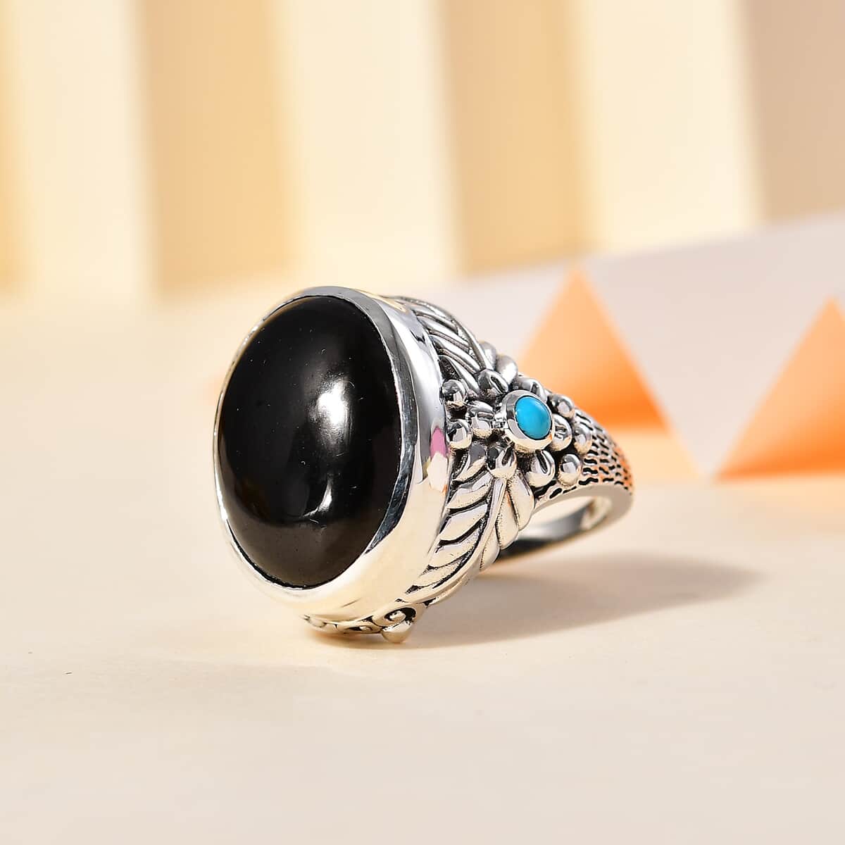 Artisan Crafted Elite Shungite and Sleeping Beauty Turquoise South West Style Feather Ring in Sterling Silver (Size 6.0) 11.40 ctw image number 1