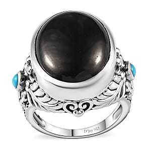 Artisan Crafted Elite Shungite and Sleeping Beauty Turquoise South West Style Feather Ring in Sterling Silver (Size 7.0) 11.40 ctw