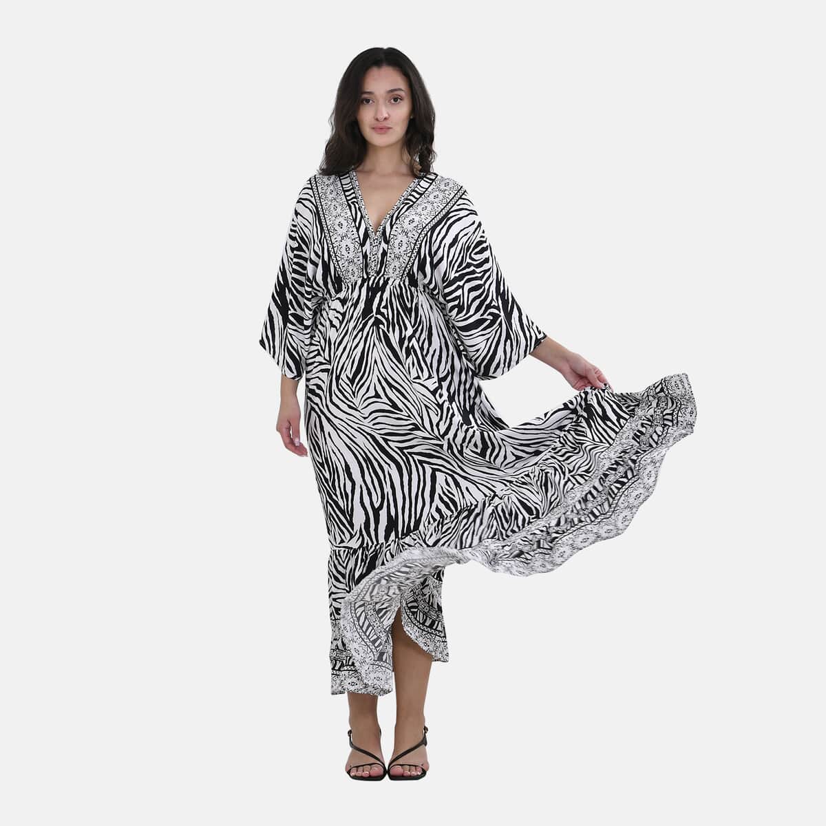 Tamsy Neutral Zebra Mixed Print Elastic Waist Maxi Dress - One Size Fits Most image number 0