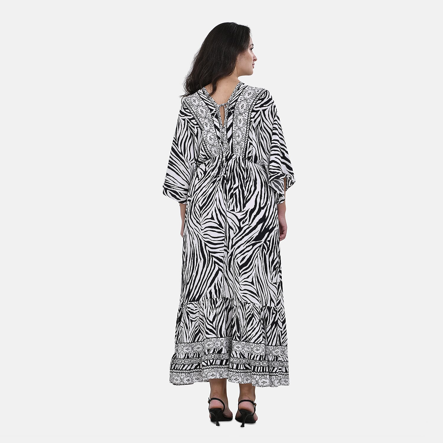 Tamsy Neutral Zebra Mixed Print Elastic Waist Maxi Dress - One Size Fits Most