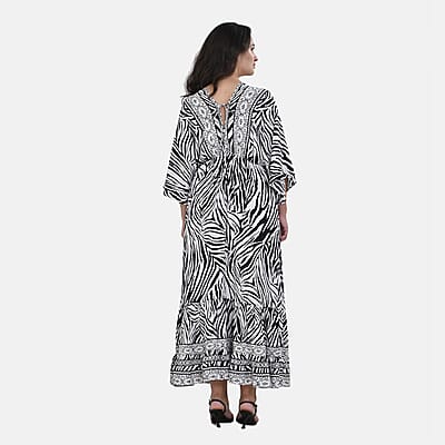 Tamsy Neutral Zebra Mixed Print Elastic Waist Maxi Dress - One Size Fits Most