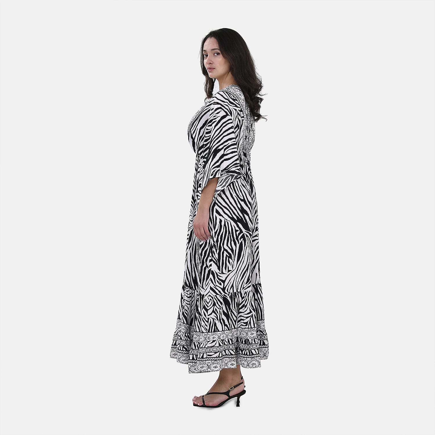 Tamsy Neutral Zebra Mixed Print Elastic Waist Maxi Dress - One Size Fits Most