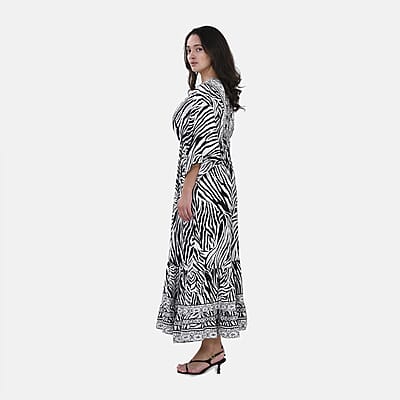 Tamsy Neutral Zebra Mixed Print Elastic Waist Maxi Dress - One Size Fits Most
