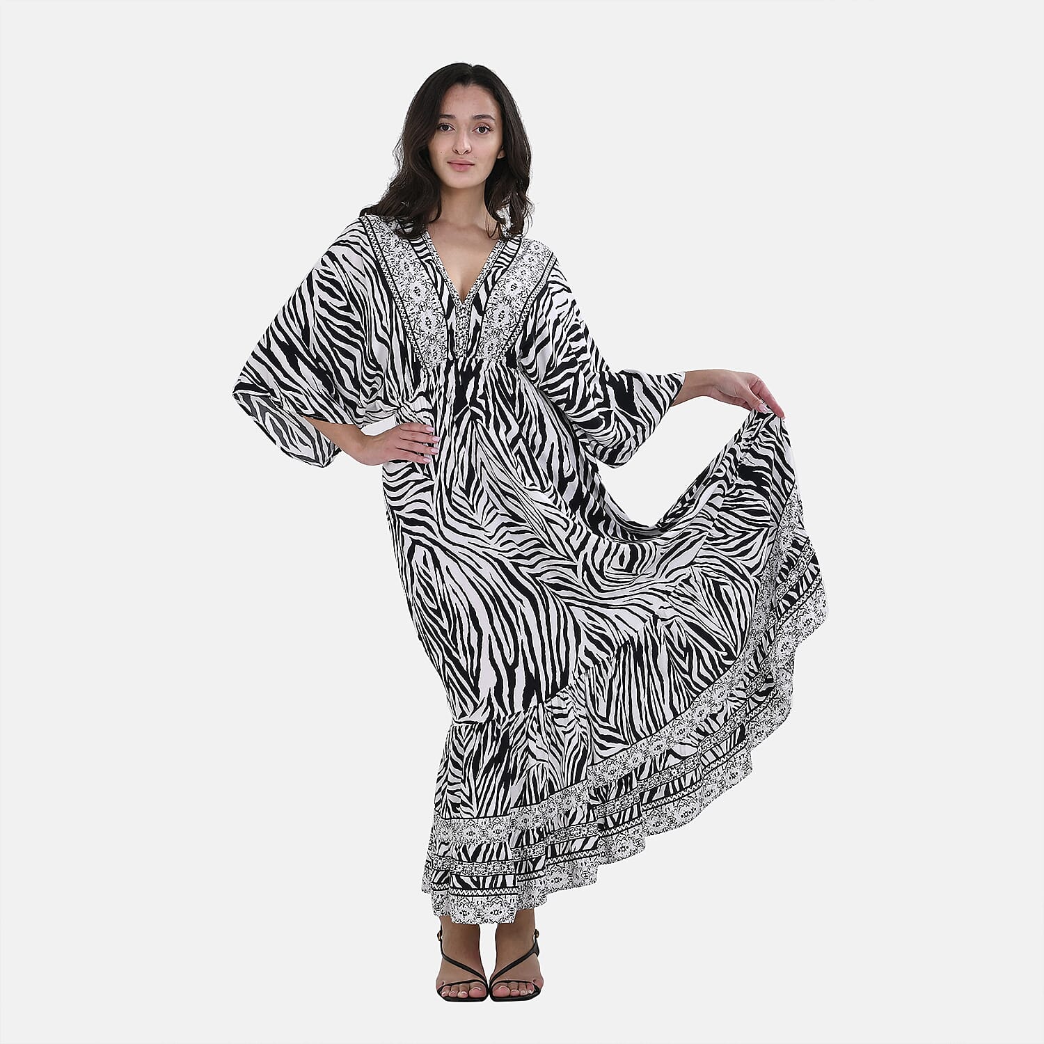 Tamsy Neutral Zebra Mixed Print Elastic Waist Maxi Dress - One Size Fits Most
