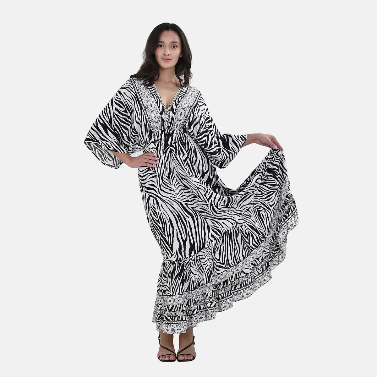 Tamsy Neutral Zebra Mixed Print Elastic Waist Maxi Dress - One Size Fits Most image number 3