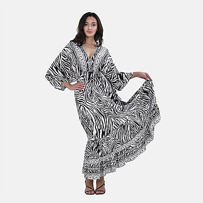 Tamsy Neutral Zebra Mixed Print Elastic Waist Maxi Dress - One Size Fits Most