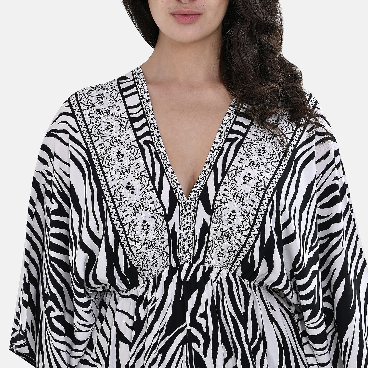 Tamsy Neutral Zebra Mixed Print Elastic Waist Maxi Dress - One Size Fits Most