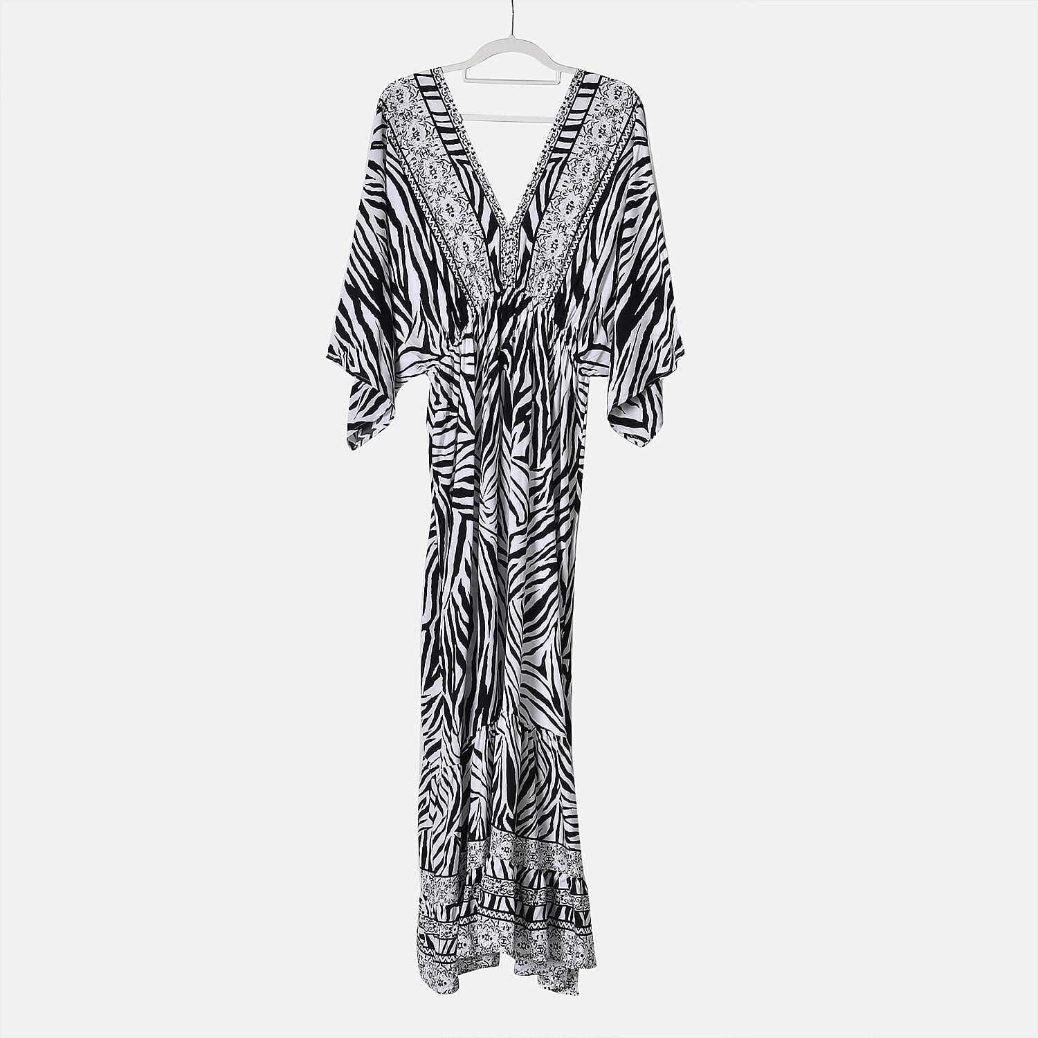 Tamsy Neutral Zebra Mixed Print Elastic Waist Maxi Dress - One Size Fits Most