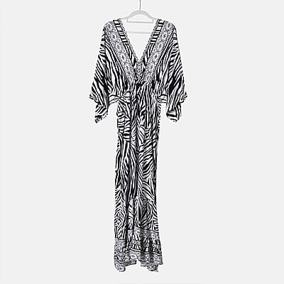 Tamsy Neutral Zebra Mixed Print Elastic Waist Maxi Dress - One Size Fits Most