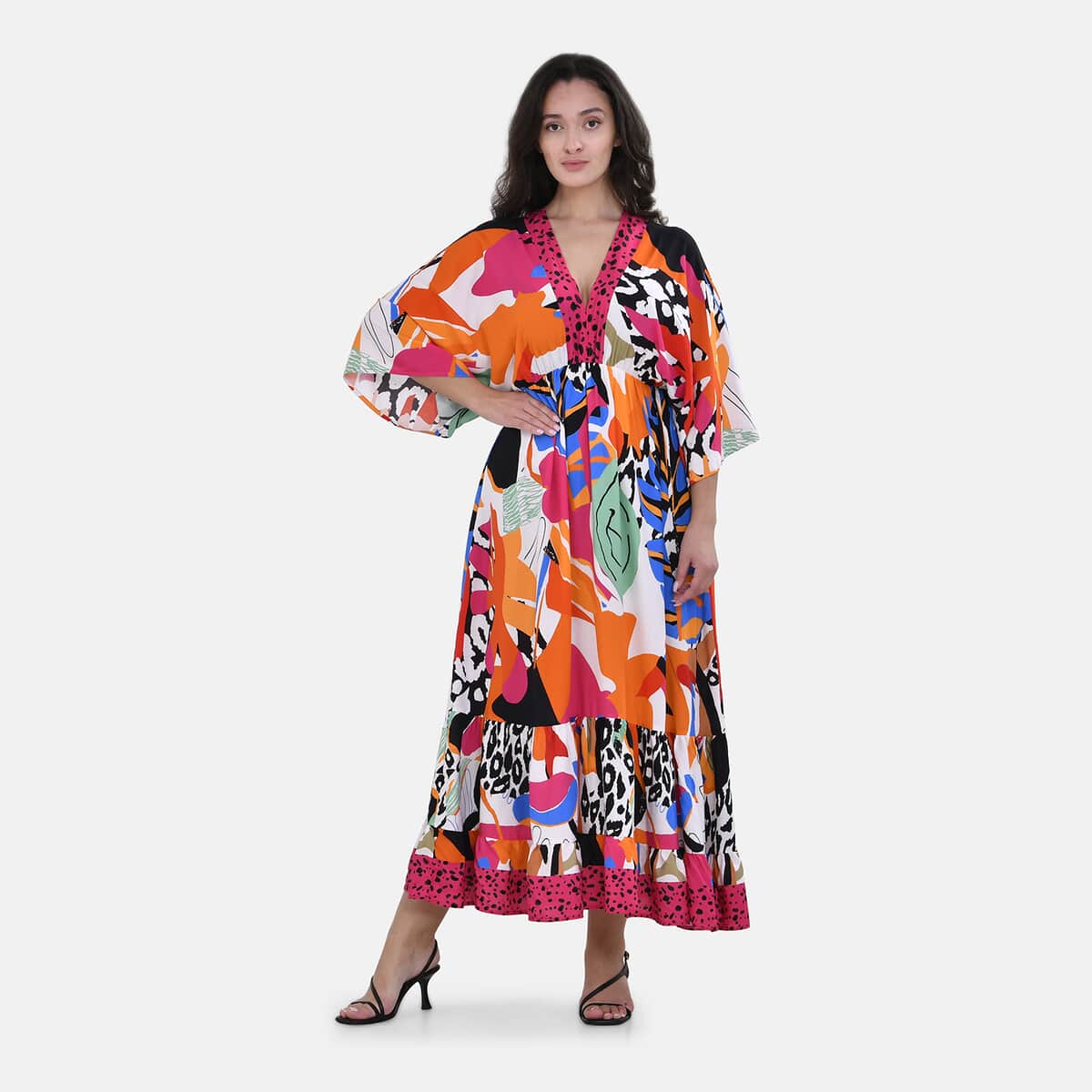 Tamsy Multi Art Mixed Print Elastic Waist Maxi Dress - One Size Fits Most image number 3