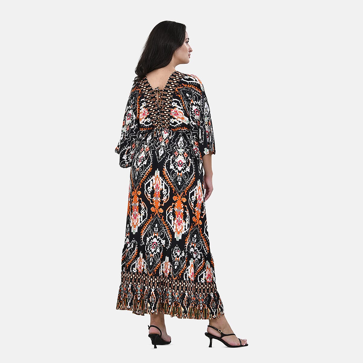 Tamsy Orange Tribal Mixed Print Elastic Waist Maxi Dress - One Size Fits Most image number 1