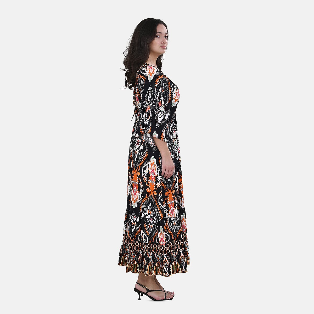 Tamsy Orange Tribal Mixed Print Elastic Waist Maxi Dress - One Size Fits Most image number 2