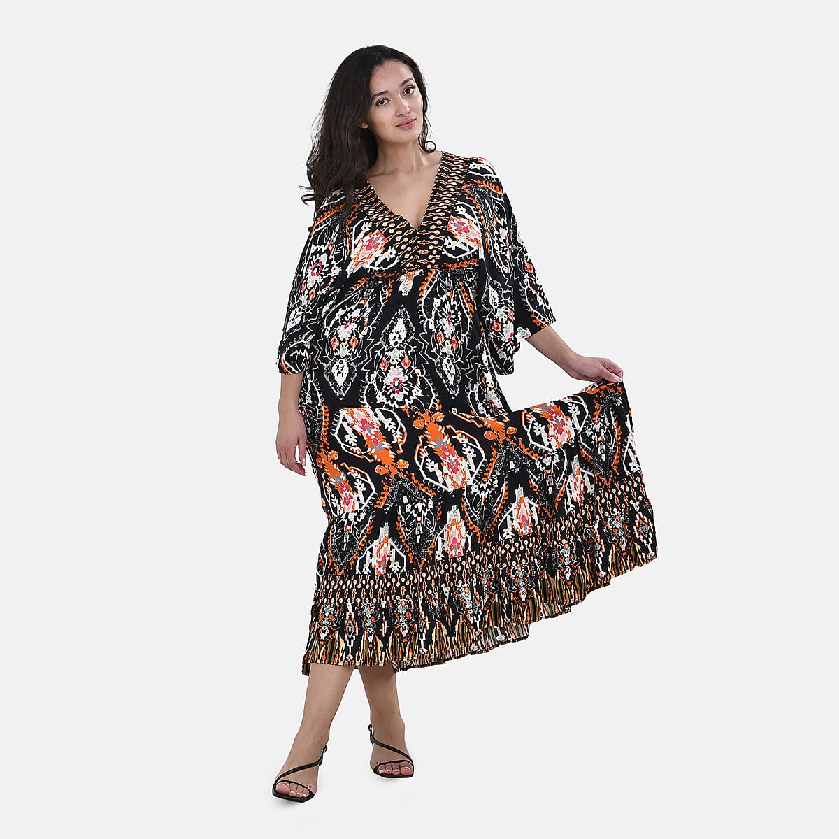Tamsy Orange Tribal Mixed Print Elastic Waist Maxi Dress - One Size Fits Most image number 3