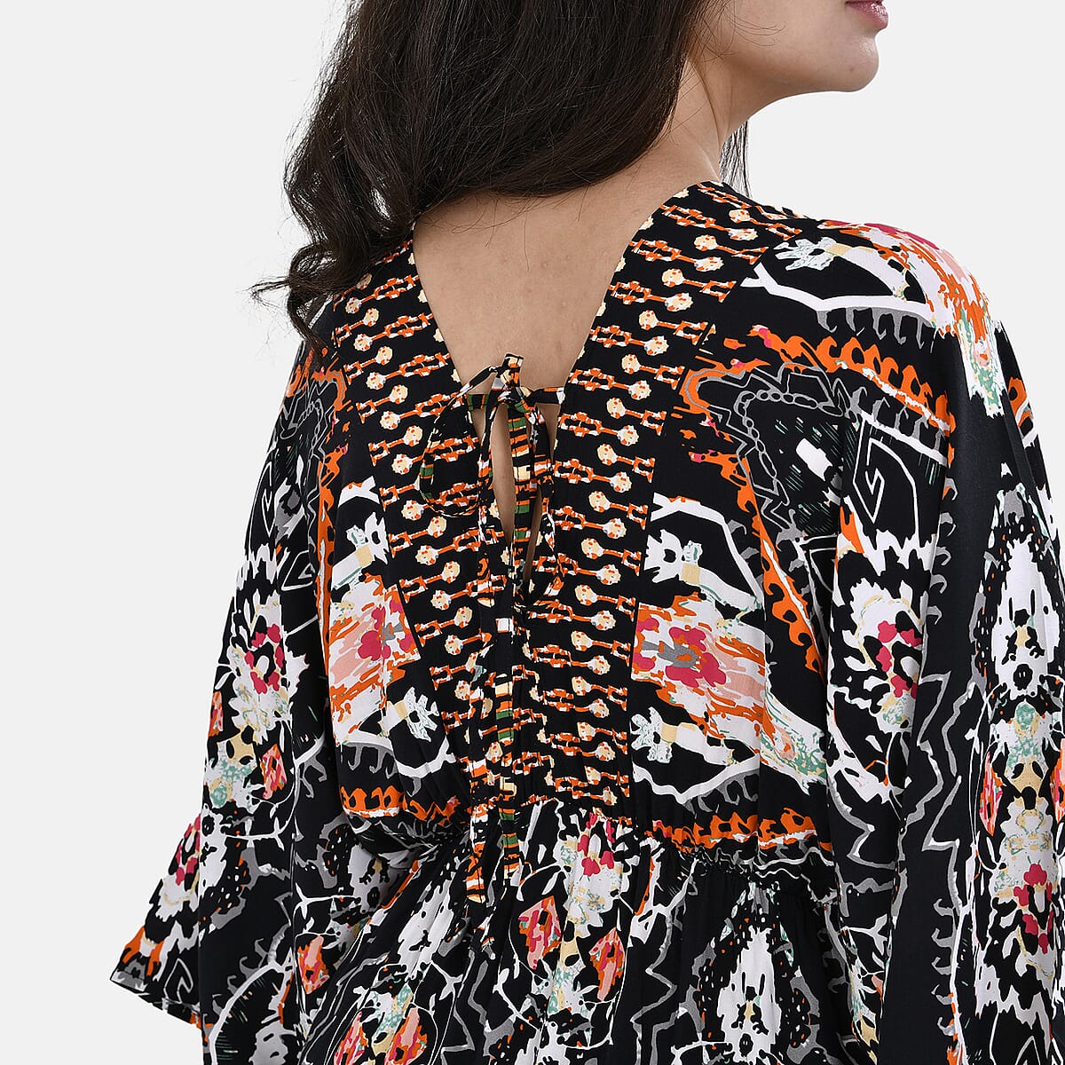 Tamsy Orange Tribal Mixed Print Elastic Waist Maxi Dress - One Size Fits Most image number 5