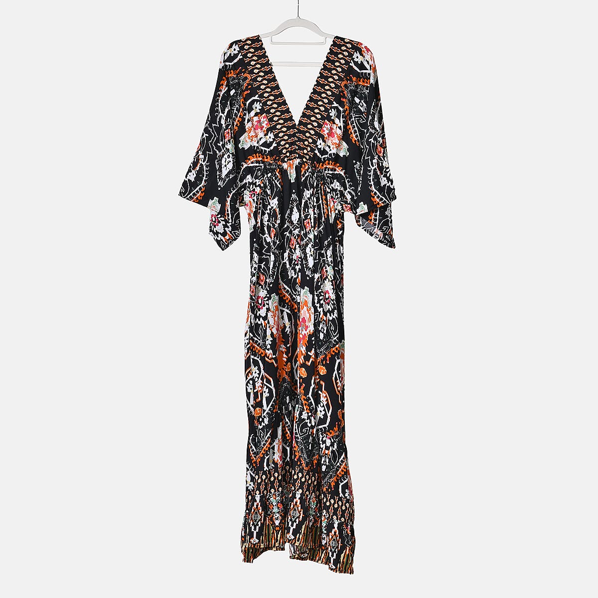 Tamsy Orange Tribal Mixed Print Elastic Waist Maxi Dress - One Size Fits Most image number 7
