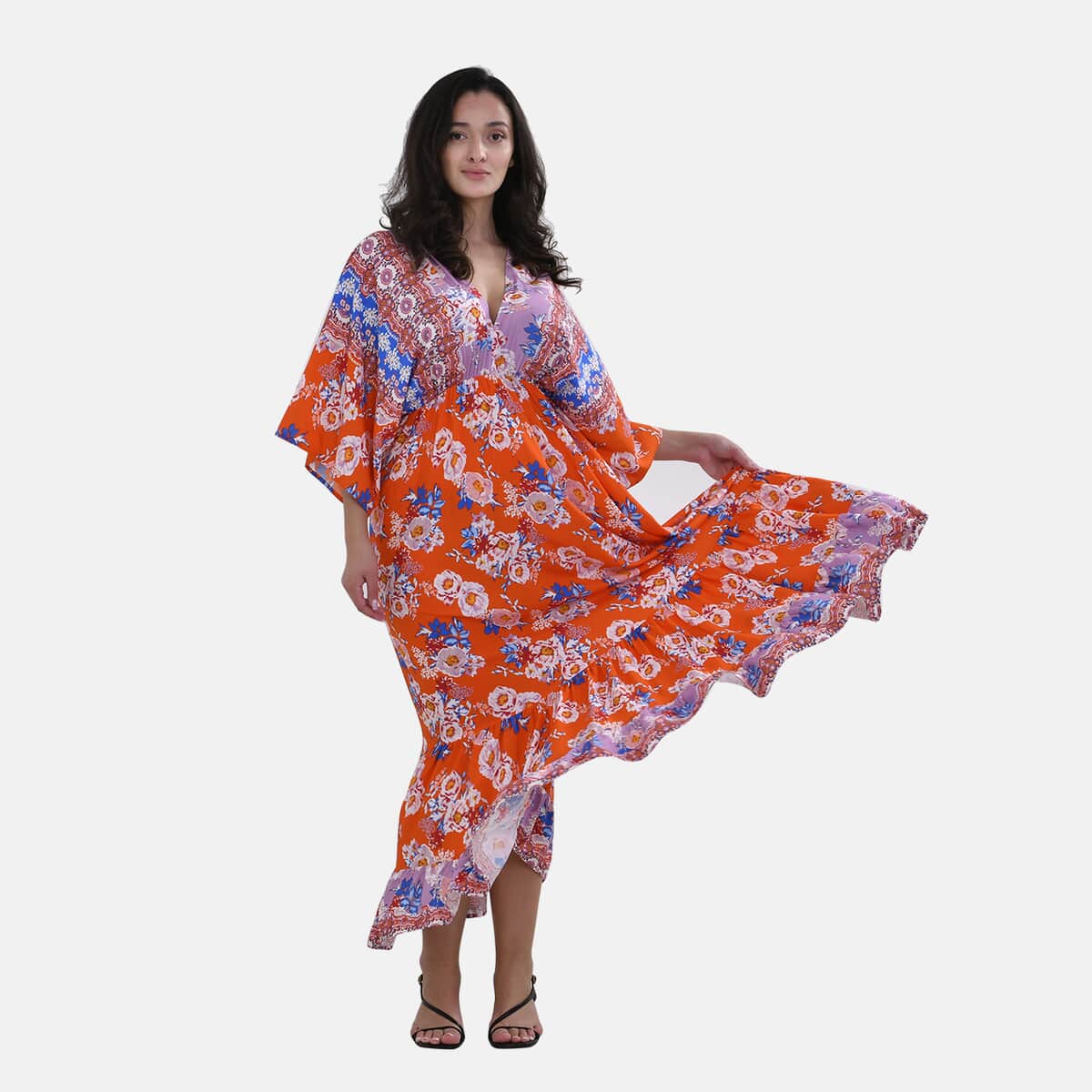 Tamsy Purple Orange Mixed Print Elastic Waist Maxi Dress - One Size Fits Most image number 0