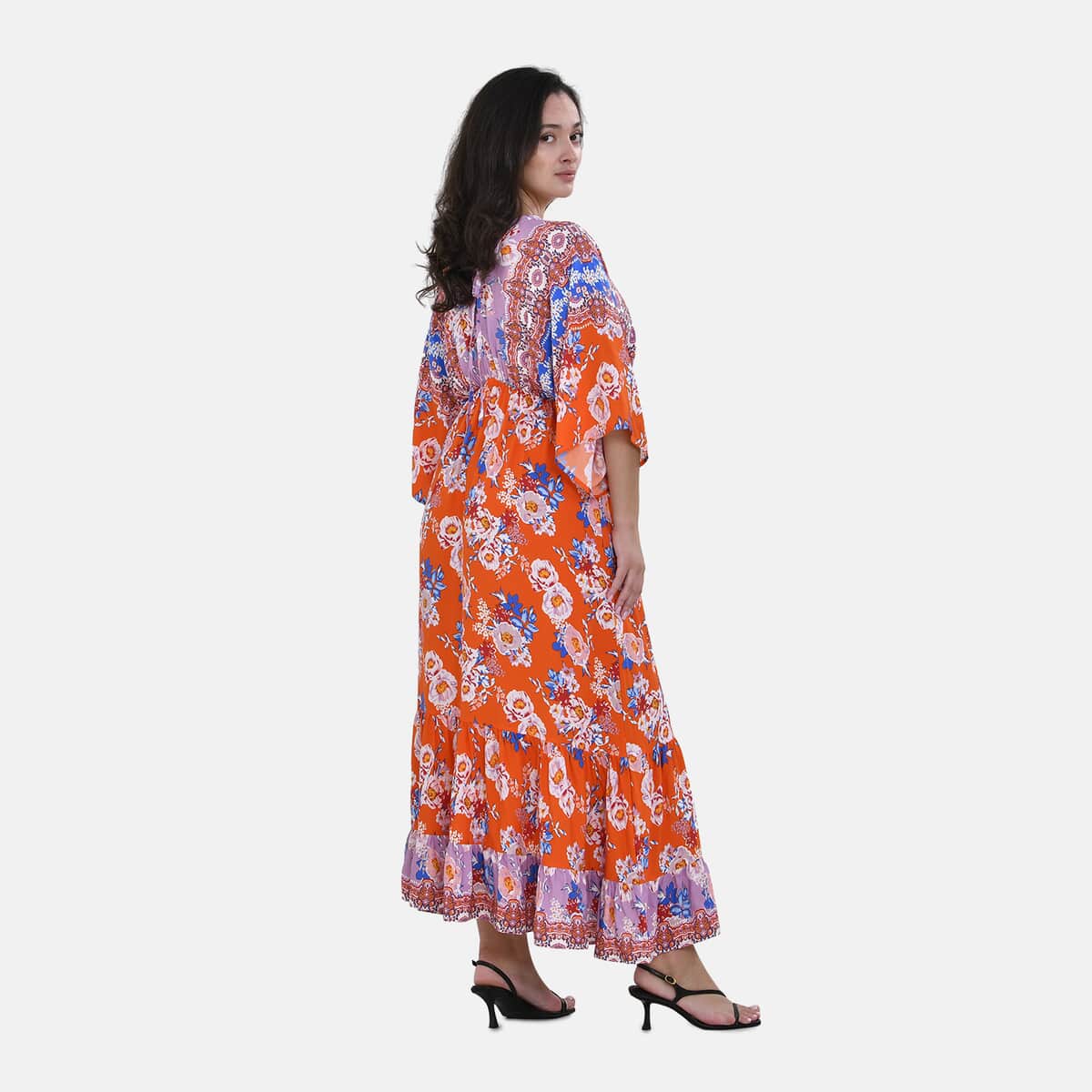 Tamsy Purple Orange Mixed Print Elastic Waist Maxi Dress - One Size Fits Most image number 1