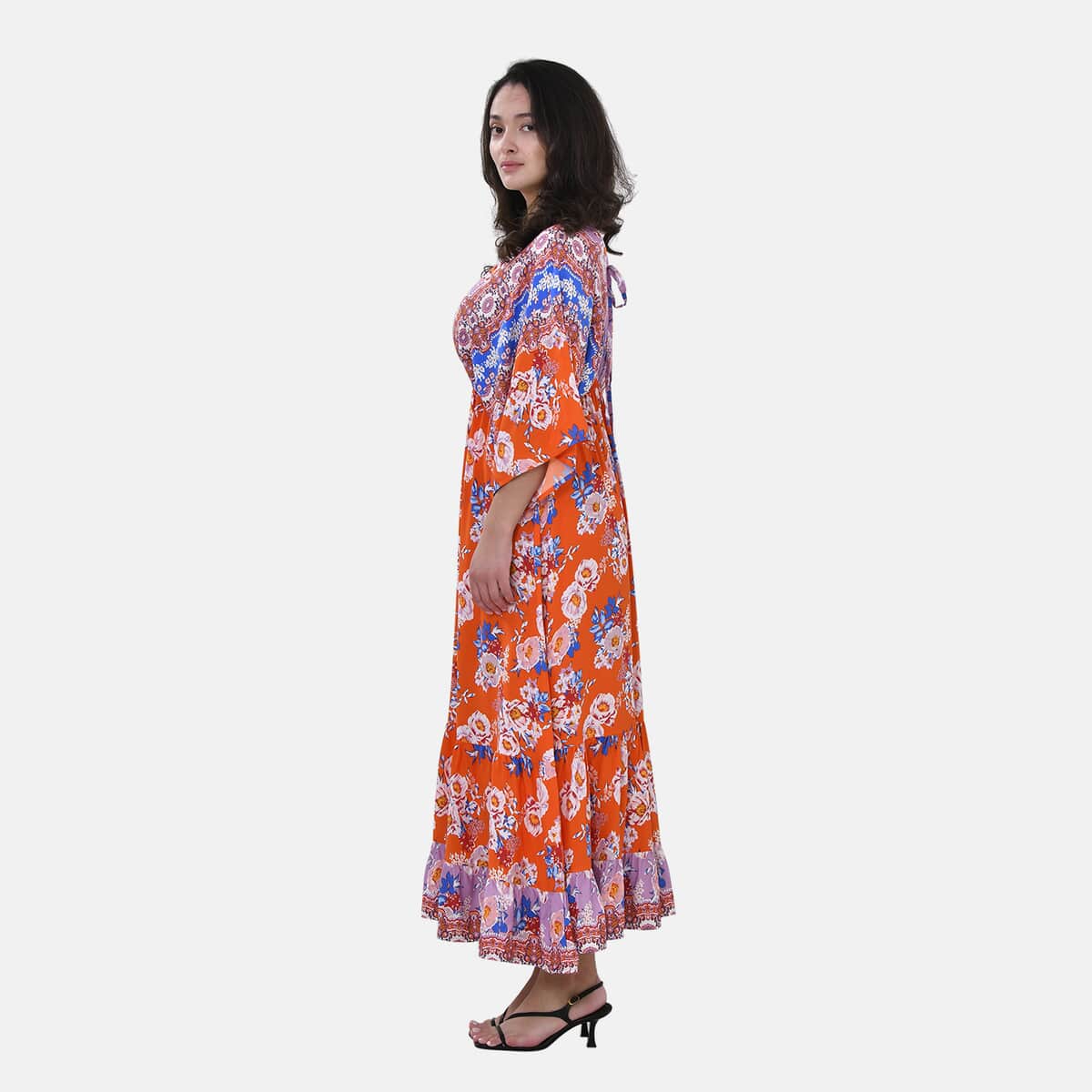 Tamsy Purple Orange Mixed Print Elastic Waist Maxi Dress - One Size Fits Most image number 2