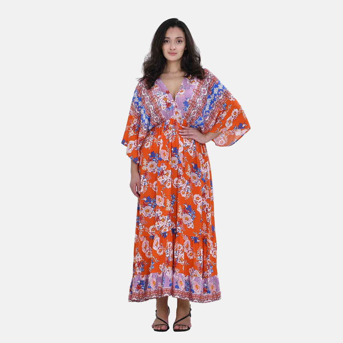 Tamsy Purple Orange Mixed Print Elastic Waist Maxi Dress - One Size Fits Most image number 3