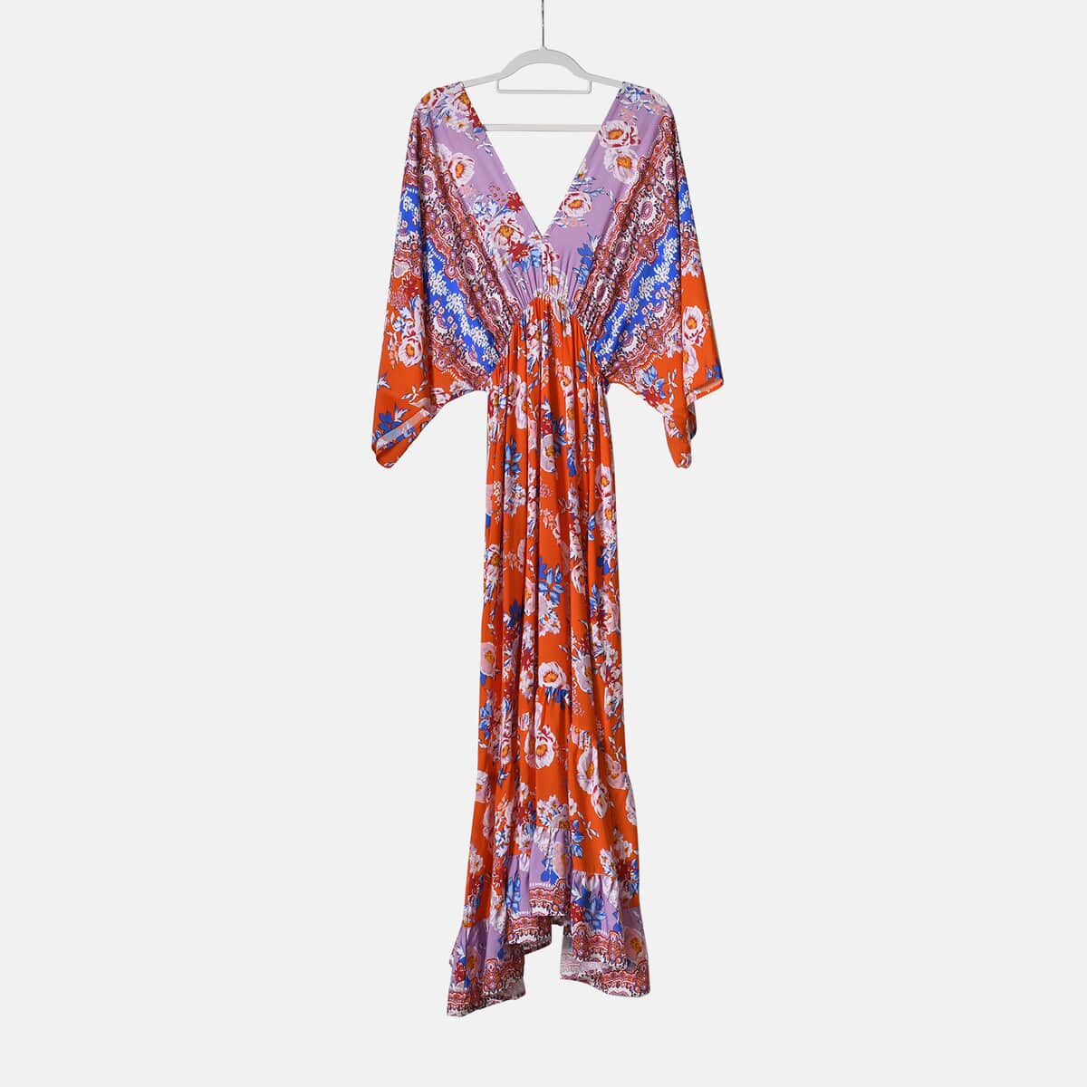 Tamsy Purple Orange Mixed Print Elastic Waist Maxi Dress - One Size Fits Most image number 7