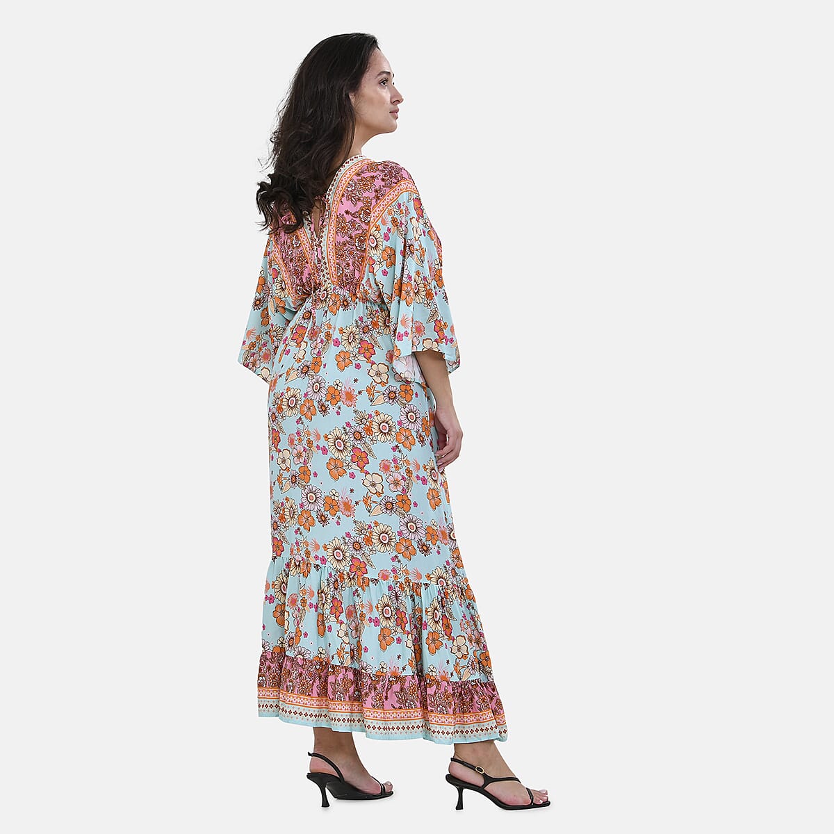 Tamsy Peach Teal Mixed Print Elastic Waist Maxi Dress - One Size Fits Most image number 1