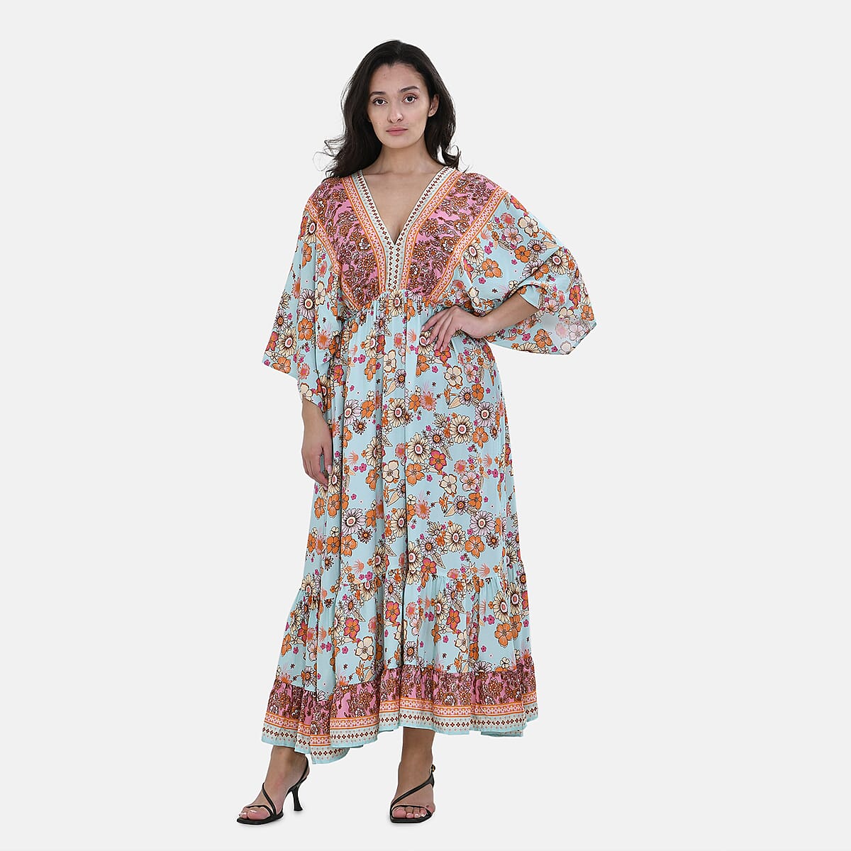 Tamsy Peach Teal Mixed Print Elastic Waist Maxi Dress - One Size Fits Most image number 2