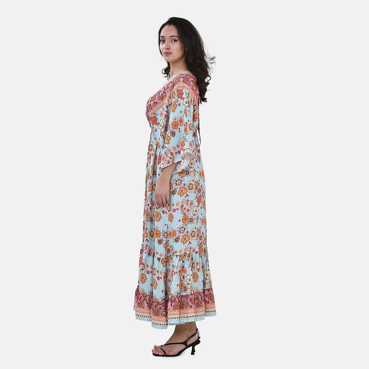 Tamsy Peach Teal Mixed Print Elastic Waist Maxi Dress - One Size Fits Most image number 3