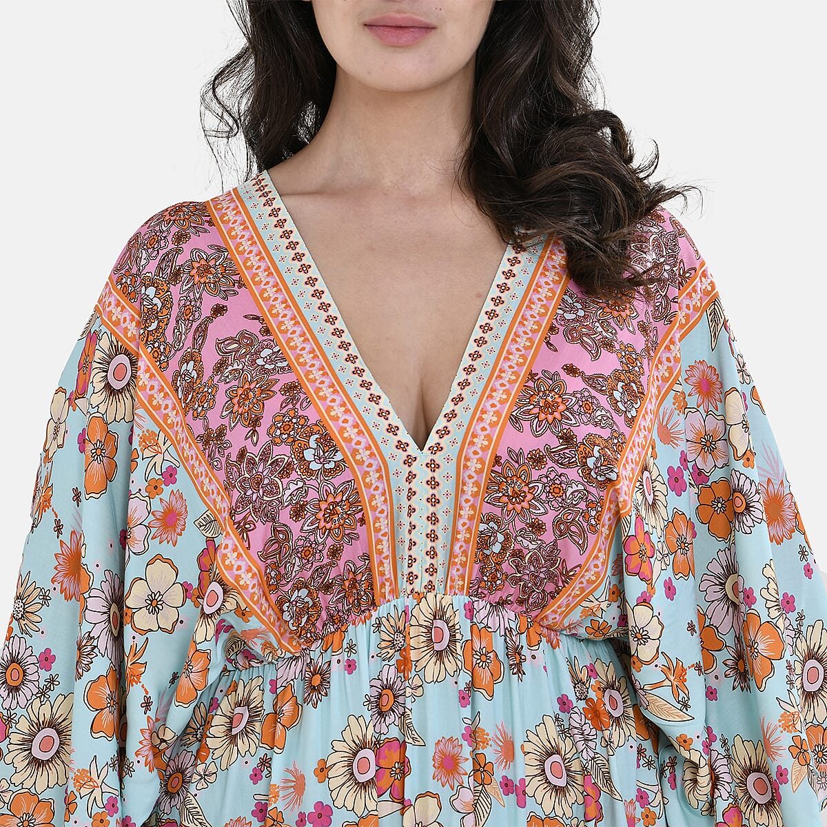 Tamsy Peach Teal Mixed Print Elastic Waist Maxi Dress - One Size Fits Most image number 4