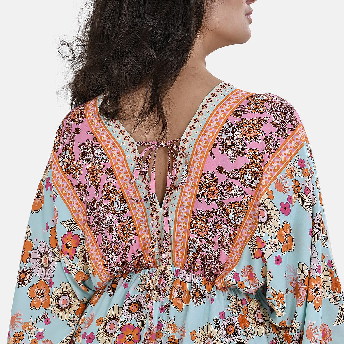 Tamsy Peach Teal Mixed Print Elastic Waist Maxi Dress - One Size Fits Most image number 5