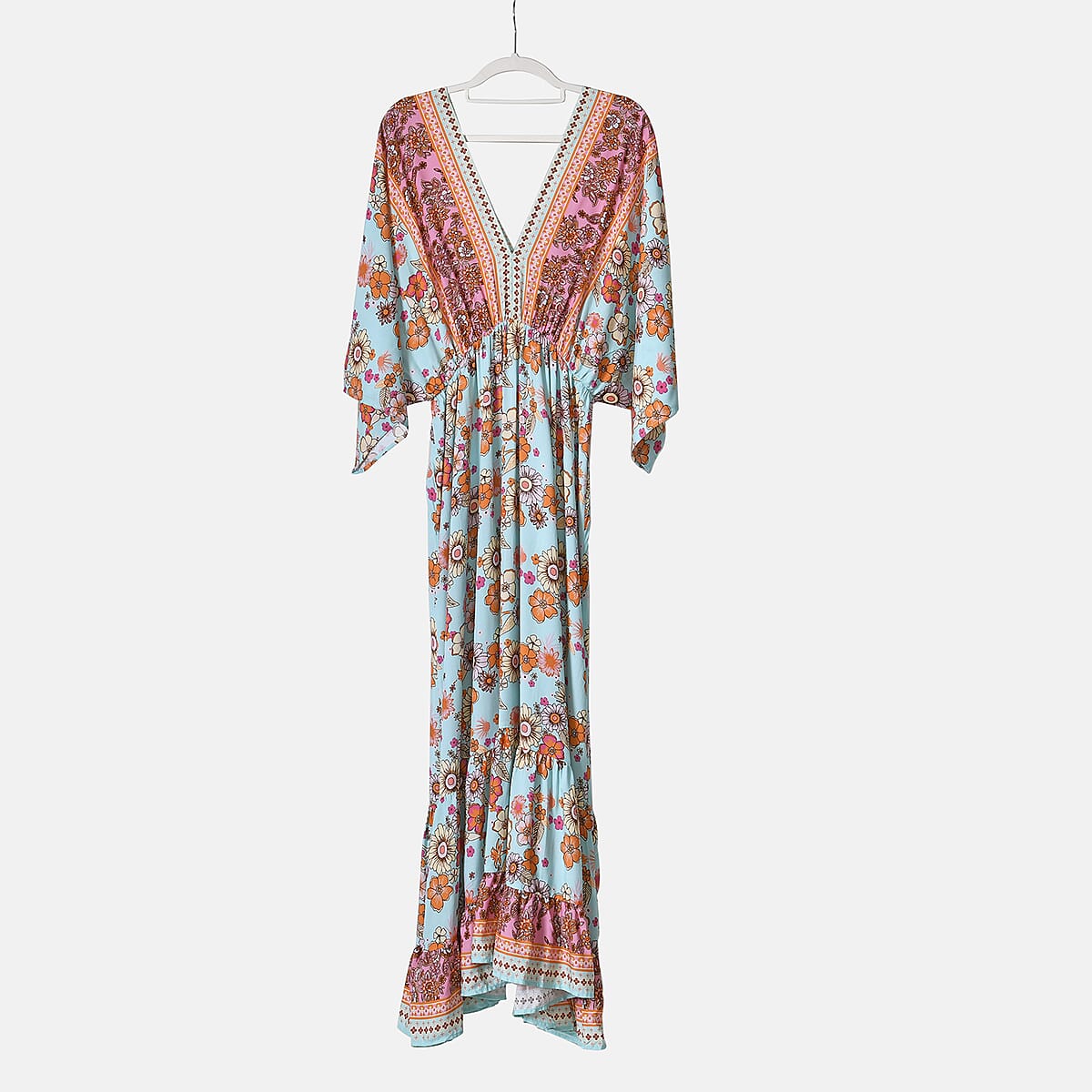 Tamsy Peach Teal Mixed Print Elastic Waist Maxi Dress - One Size Fits Most image number 7